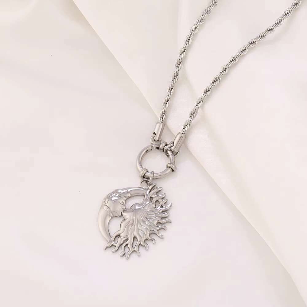 Women's Necklace Gold Plated Stainless Steel Moon Sun Pendant Fashion Chain with Flower Pattern Accessories