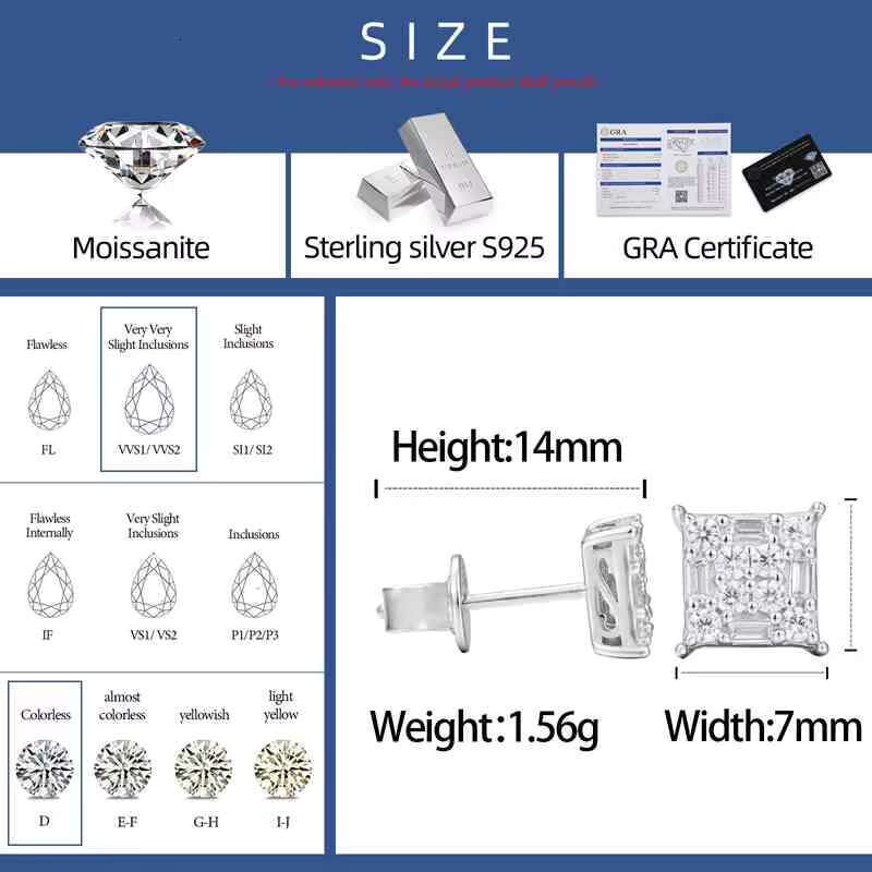 Wholesale Rapper 925 Sterling Silver Waterproof Baguette Moissanite Square Shaped Stud Earring Hip Hop Party Jewelry