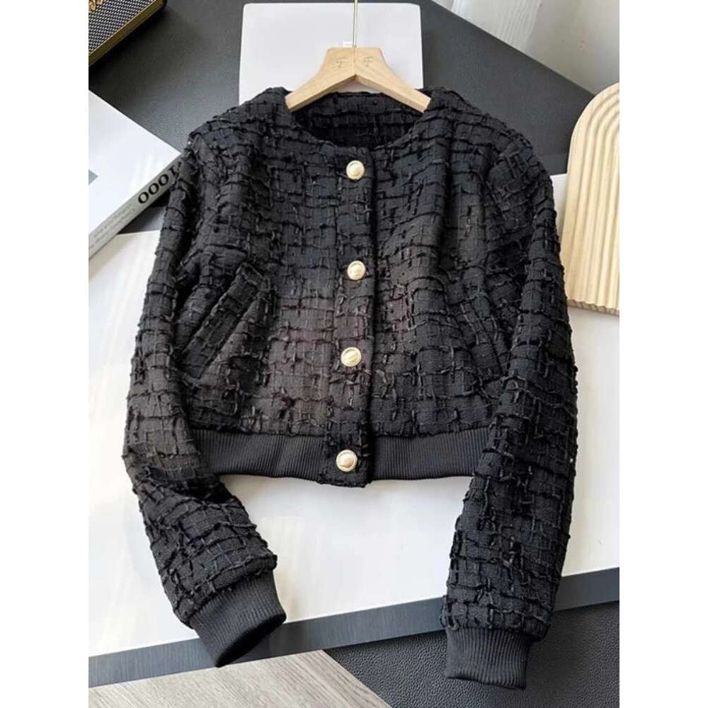 Woman's Textured Short Crew Neck Long Sleeves Cropped Bomber Jacket Coat Single-breasted New Female Chic Outerwear
