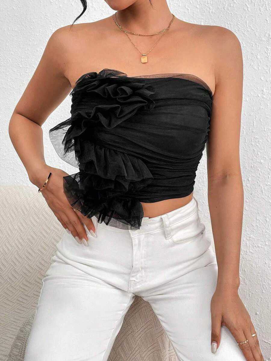 Womens summer style stylish sexy mesh pleated strapless backless top 250513