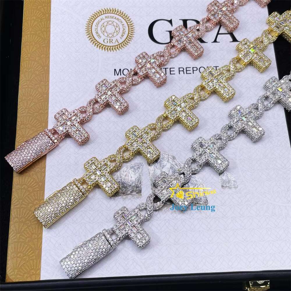 Hip Hop Jewelry 925 Silver Baguette Charm Iced Out VVS Moissanite Cuban Link Bracelet