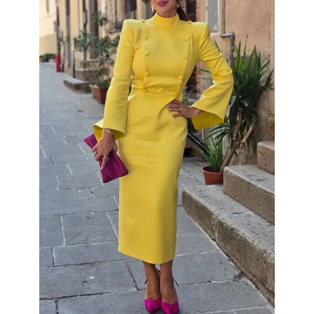 Yeezzi Urban Female Stand Collar Formal Office Dress 2025 New Spring Flared Sleeves Fashion Buttoned High Waisted Midi Dresses