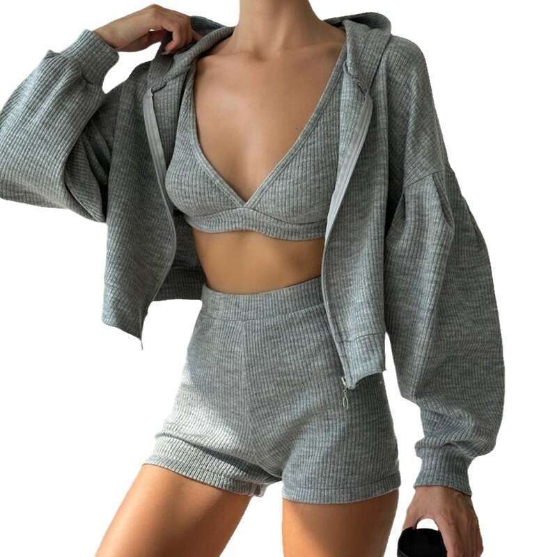 Wind Sports Basic Solid Color Hooded Loose Zipper Jacket+Small Tank Top+Shorts Casual 3-Piece Set B5