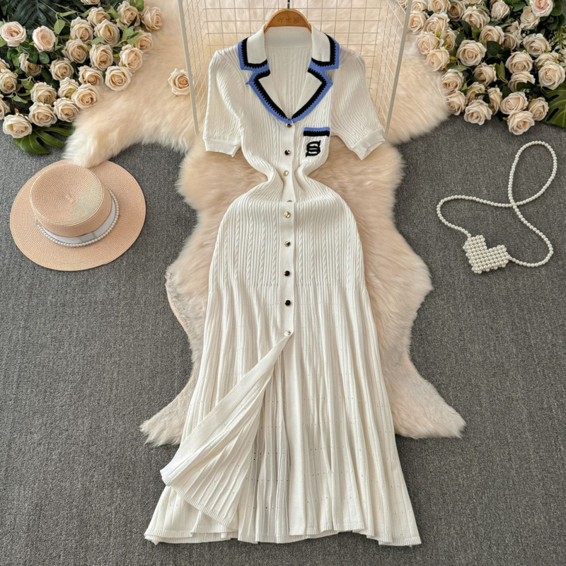 Fashion Elegant Dresses Womens New Embroidered V-neck Knit Short And Long Sleeve Midi Dress Ladies Woman Classic Clothing