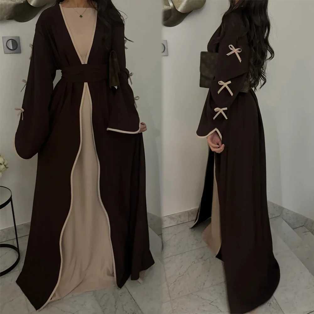 Bowknot Open Abaya for Women (No Inner) Ramadan Eid Hijabi Outfit Dubai Turkish Modest Islamic Clothing Muslim Kimono Abaya X250514