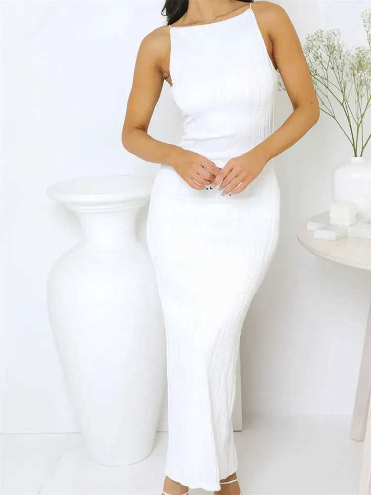 Sexy Women Long Dress Ruched Sleeveless Slim Solid Summer Party Back Split Dress Clubwear Female Dress OutfitsXJ250514