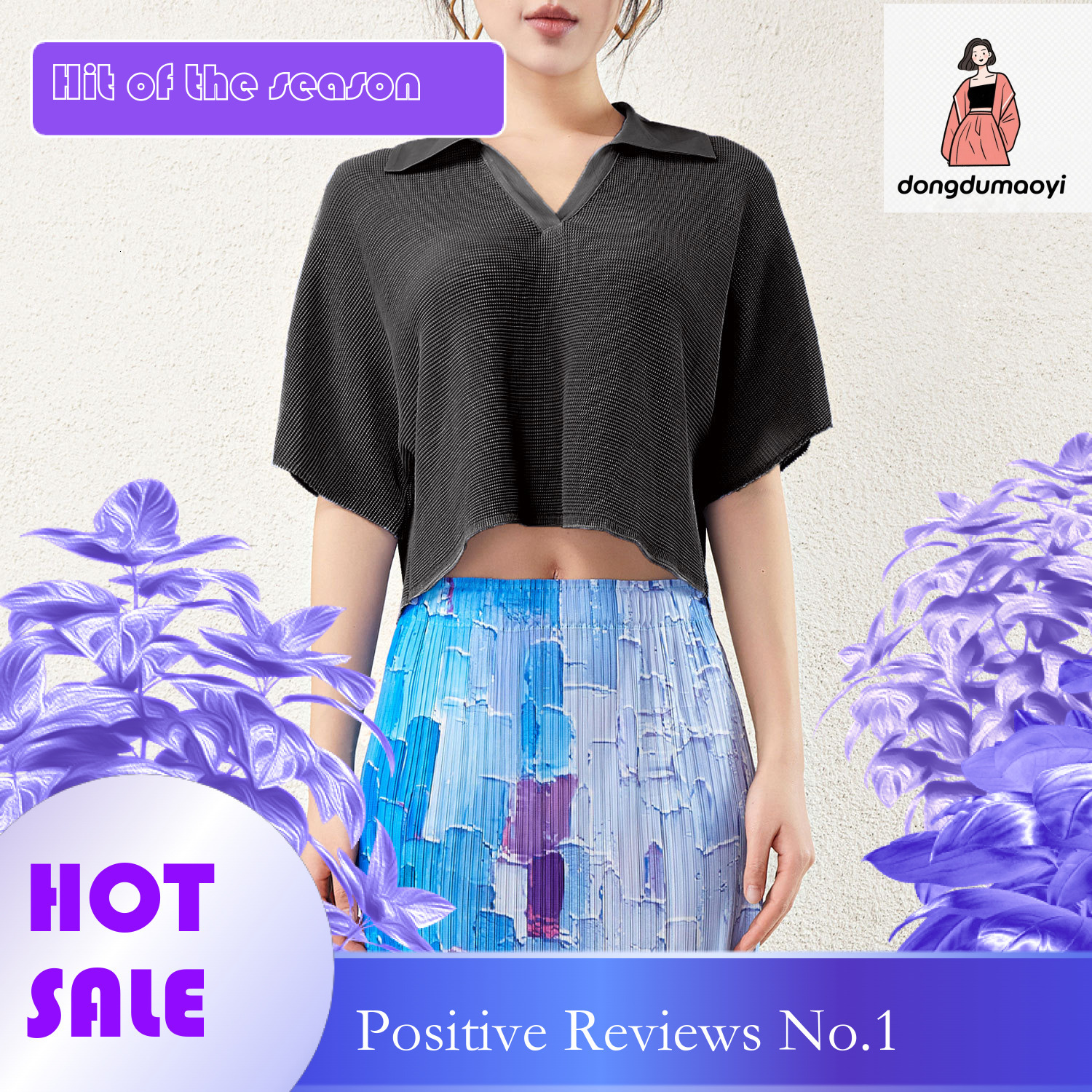 dongdumaoyi Miyake Age reducing and Western style Polo collar short pleated T-shirt for women's summer new casual versatile slimming solid color 