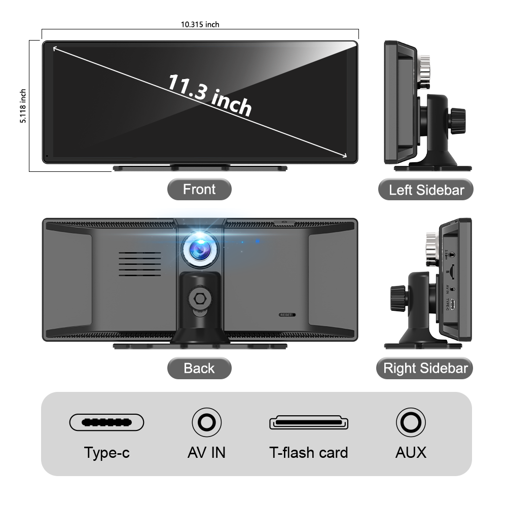 BY-CS111 11.3" Wireless CarPlay/Android Auto Display ADAS Safety 4K + 1080P Dual Cameras IPS Touchscreen - car screen Manufacturer support OEM