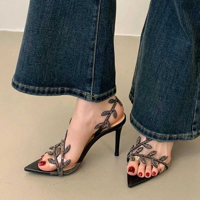 Likes 2025 Summer Fashion Crystal Rhinestone Gold Leaf Women Sandals Elegant Pointed Open Toe Thin High Heels Party Dress Shoes W250514