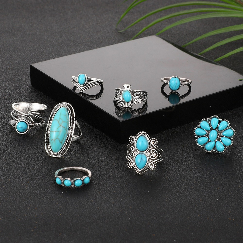 Hot selling Wind Owl Feather Leaf Turquoise 8-piece Set Ring