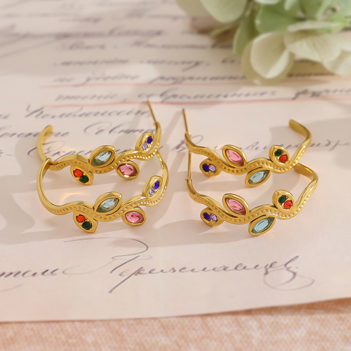 18K Gold Titanium Steel Earrings with Colorful Marquise Zirconia, Hollow Leaf Design, C-Shaped Stainless Steel Ear Studs for Women