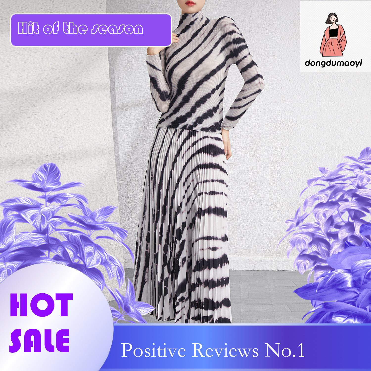 dongdumaoyi Miyake Fashion Set, Women's Fold Spring New Sleeve Bottom Shirt, Hanging High Waist Long Skirt, Two Piece Set
