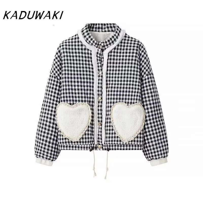 KADUWAKI Korean Lovely Loose Heart Patterned Parkas Spring Long Sleeve Quilted Cotton Padded Jacket Coats Female Cute Outerwear
