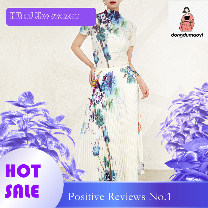 dongdumaoyi Miyake versatile T-shirt top for women 2024 new print slim fit loose A-line skirt pleated two-piece set