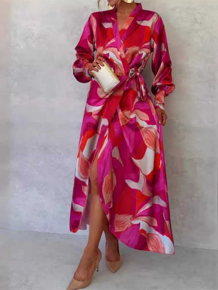 2024 Autumn New Print Dresses Women Long Sleeve V-neck Leace-up Slit Dress Fashion Temperament Elegant Lady Commuting DressesXJ250514