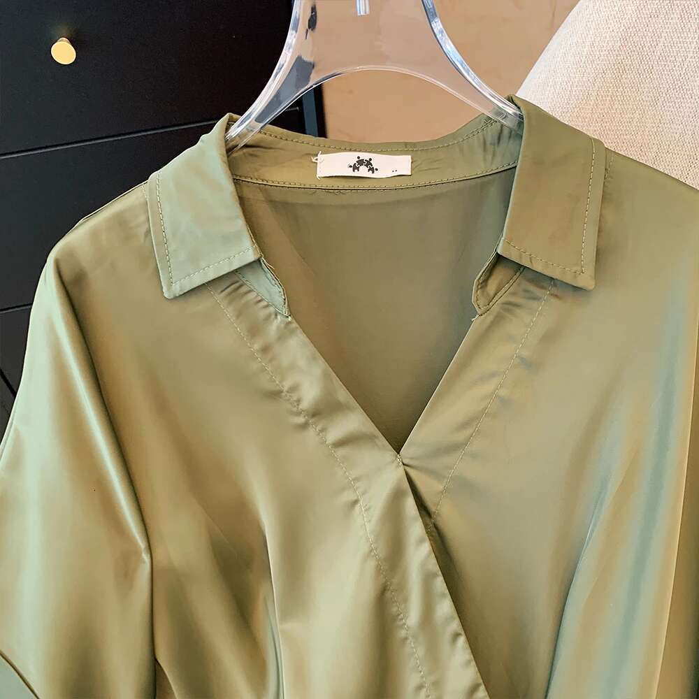 Summer Plus Size Women's v-neck elastic waist loose short-sleeved dress simple commuter office shirt mid-length dresses