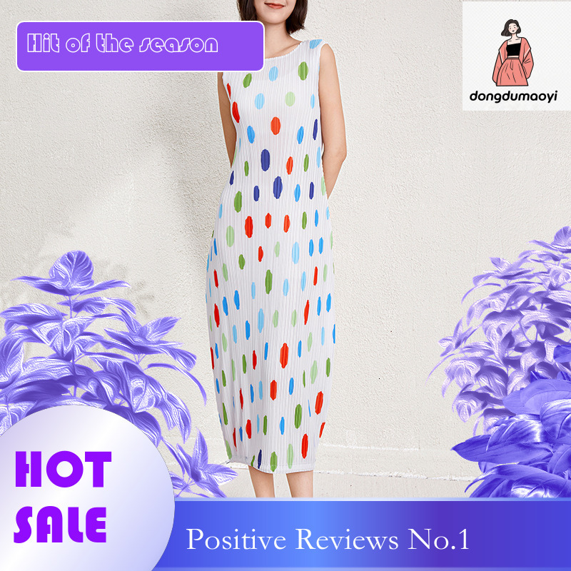 dongdumaoyi Colorful polka dot dress for women s summer new Miyake seaside vacation style loose fit slim figure temperament long skirt