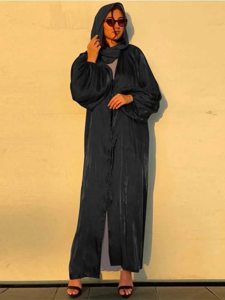 Eid Djellaba Abaya Dubai Shiny Soft Cuff Slves Muslim Dress Silky Kimono Dubai Turkey Muslim Dress Islam Abayas With Belt WY56 X250514