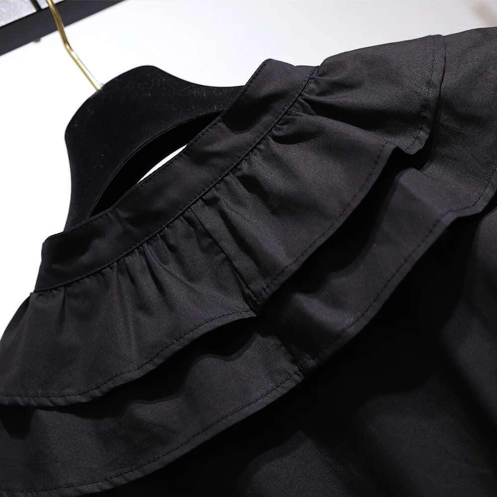 Plus size women's spring and autumn casual dress black cotton fabric comfortable breathable lace decoration cardigan skirt