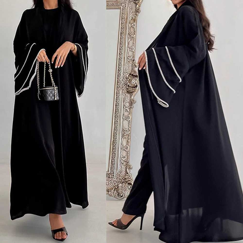 Pearl Beaded Open Kimono Abaya Women Muslim Dress Ramadan Eid Mubarak Djellaba Arab Robe Islamic Clothing Dubai Kaftan Jalabiya X250514