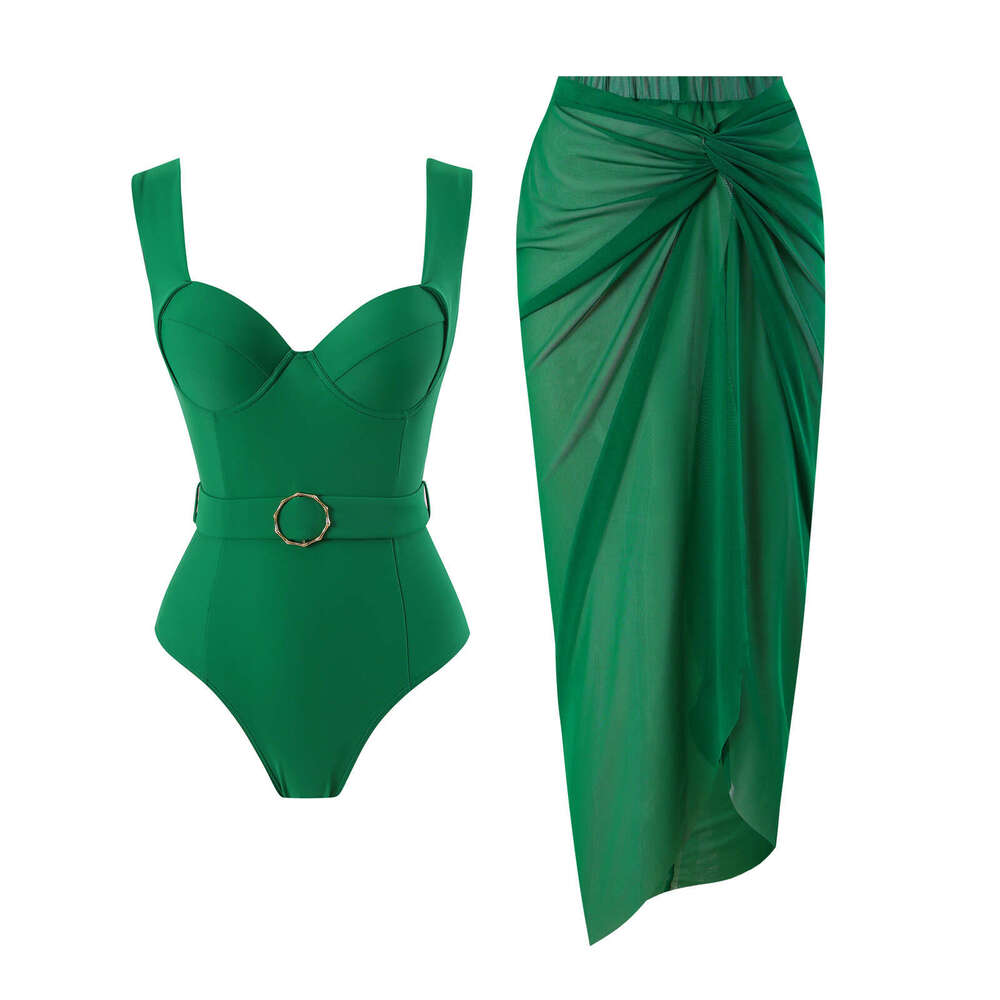 Qiao Jiayuan solid color one-piece fashionable sexy women's French retro cover belly slimming swimsuit set 2025 new casual versatile fashion clot