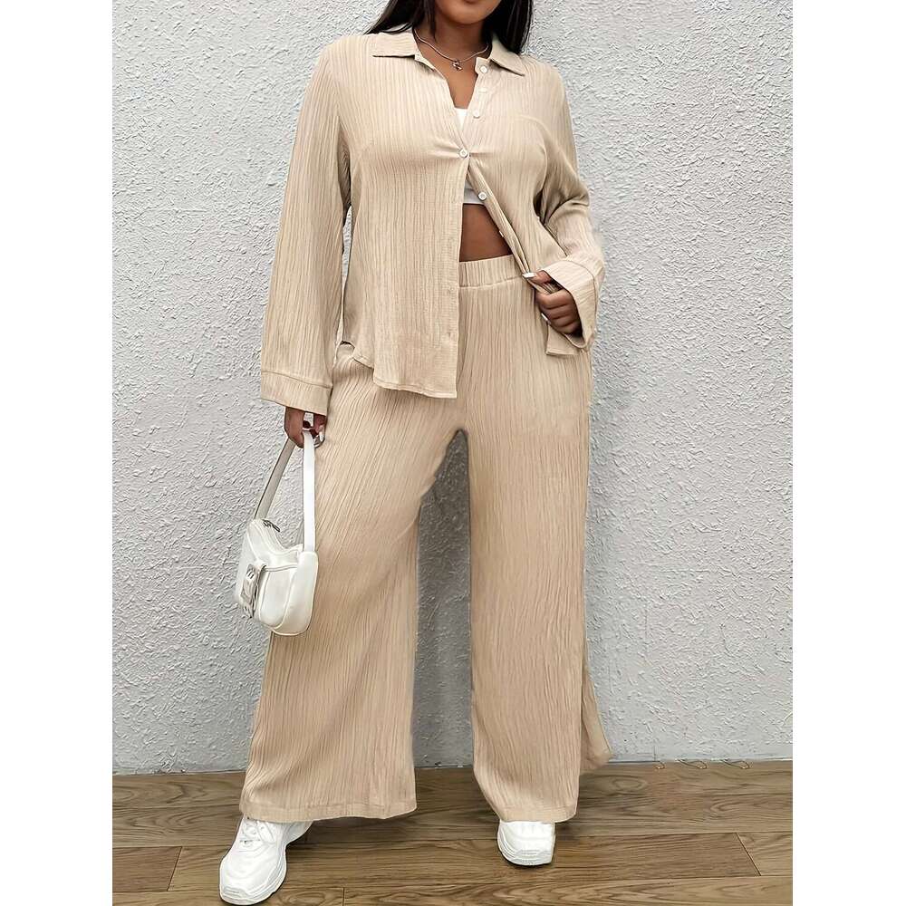 Plus solid color casual set button front long sleeve shirt and spring pants women's plus size clothing