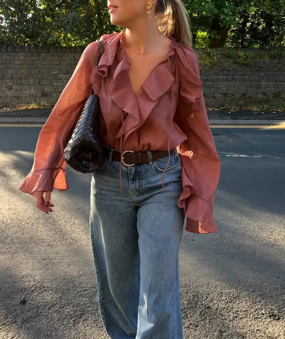 Wine Red Lace Up Ruffles Chiffon Blouse Women Fashion See Through V Neck Casual Long Sleeve Shirts Lady Spring Blouses Tops 250514
