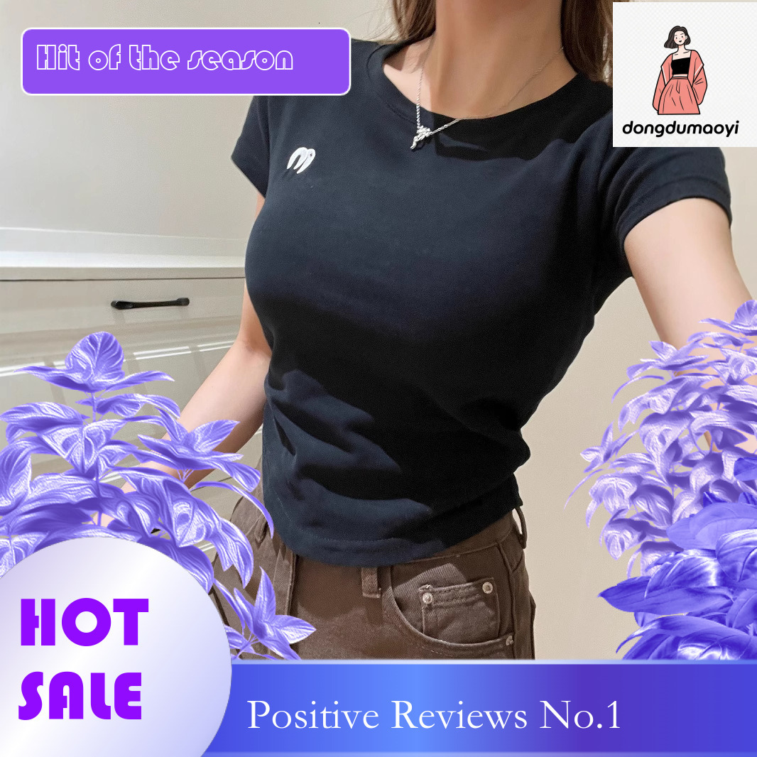 dongdumaoyi American style sleeved t-shirt for women in the summer of 2025, unique and chic embroidered short style, spicy girl waist cinching bottom 