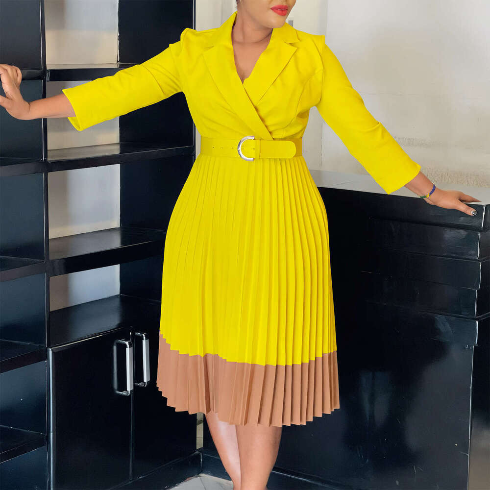 Women's Wear Women's Wear Women's Spring Suit Collar Fashionable Color Blocking OL Elegant Pleated High Waisted Dress