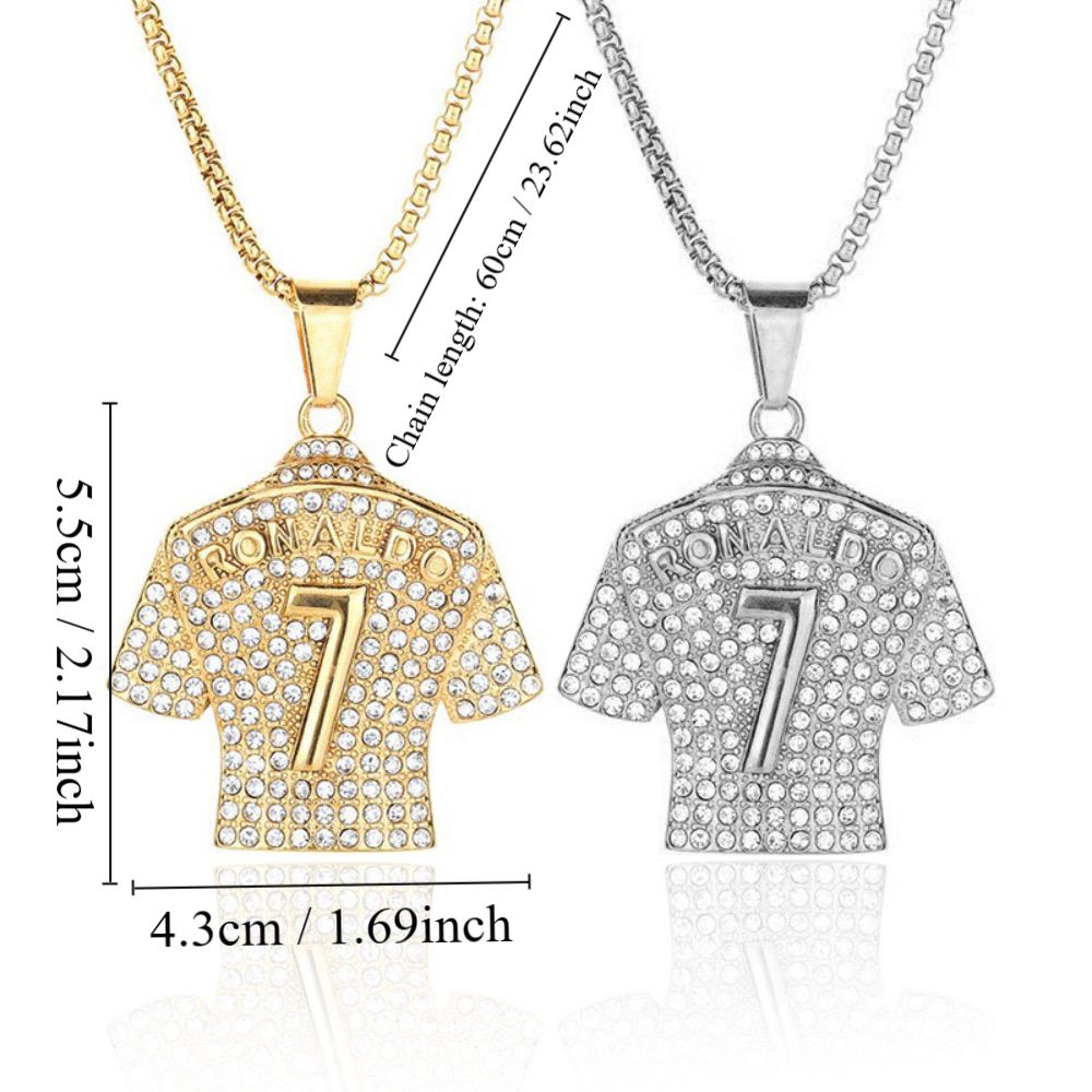 2Pcs Cristiano Ronaldo CR 7 Jersey Full Zircon Pendant Chain Necklace For Men Boy Soccer Fans Hip Hop Jewelry Accessories