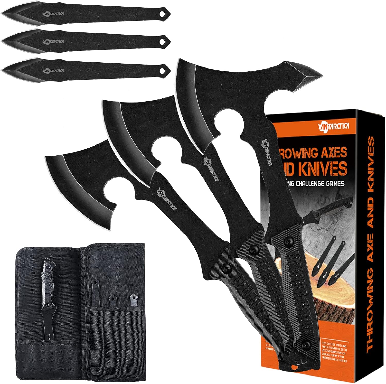 VOTAGOO Throwing Axes and Knives Set - 3 Pack, 11" Full Tang Stainless Steel Tomahawks and Throwing Knives, Whetstone Tool Sharpener, Well-Balanc