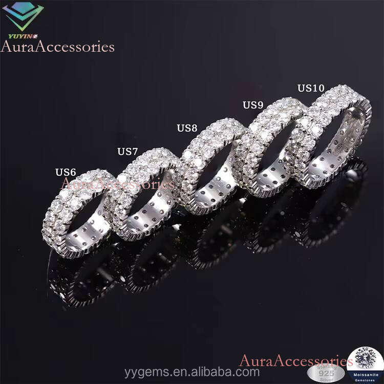 Rapper Jewelry 2rows Dia Iced Out Ring S Sterling Sier White Gold Micro VVS Moissanite Hip Hop Mens