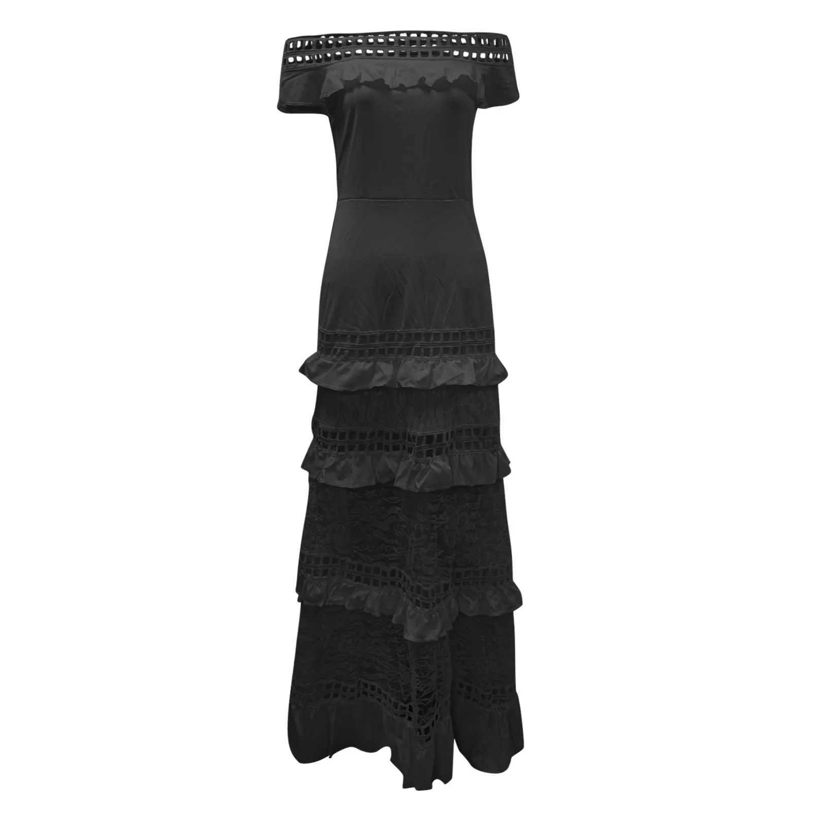 Elegant Off Shoulder Solid Ruffle Long Evening Dress Summer Fashion Sleeveless Swing Dress Classic Lace Hollow Party Sexy DressXJ250514