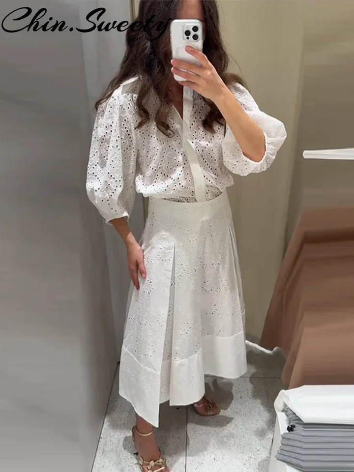 Casual White Shirt Skirt Women Outfit y Three Sleeve Top Patchwork Zippers Pleated Skirts Summer Elegant Lady Set 250514