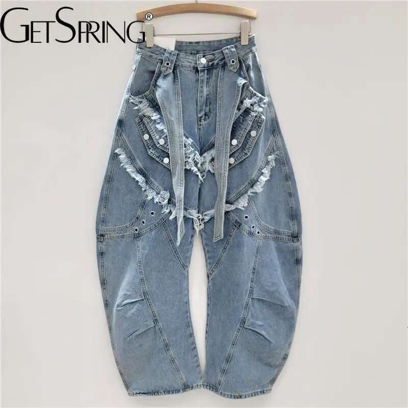 Getspring Women Jeans 2025 Spring Autumn New Three Dimensional Deconstruction Denim Washed Wide Leg Overalls Loose Long Trousers
