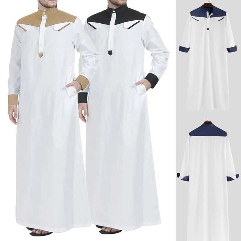 Traditional Muslim Clothing Contrast Color Muslim Dress Middle East Jubba Thobe Men Robe w/ Long Sleeves Mandarin Neck X250514