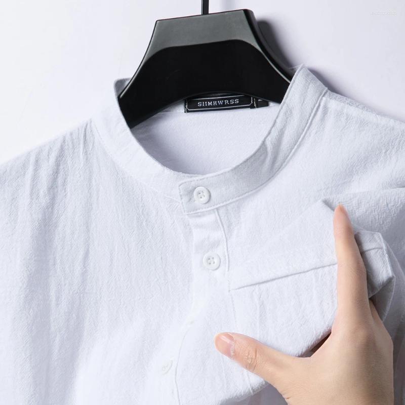 Mens T Shirts Summer Stand Up Collar Solid Color Short Sleeve Linen Shirt Trendy Breathable Loose Lightweight Basic Pocket Top