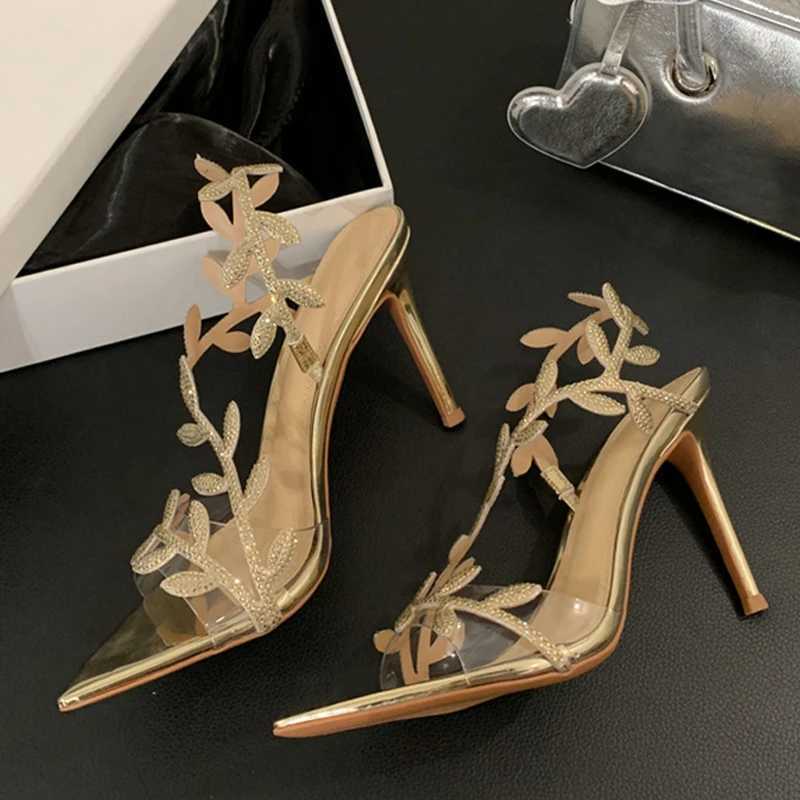 Likes 2025 Summer Fashion Crystal Rhinestone Gold Leaf Women Sandals Elegant Pointed Open Toe Thin High Heels Party Dress Shoes W250514