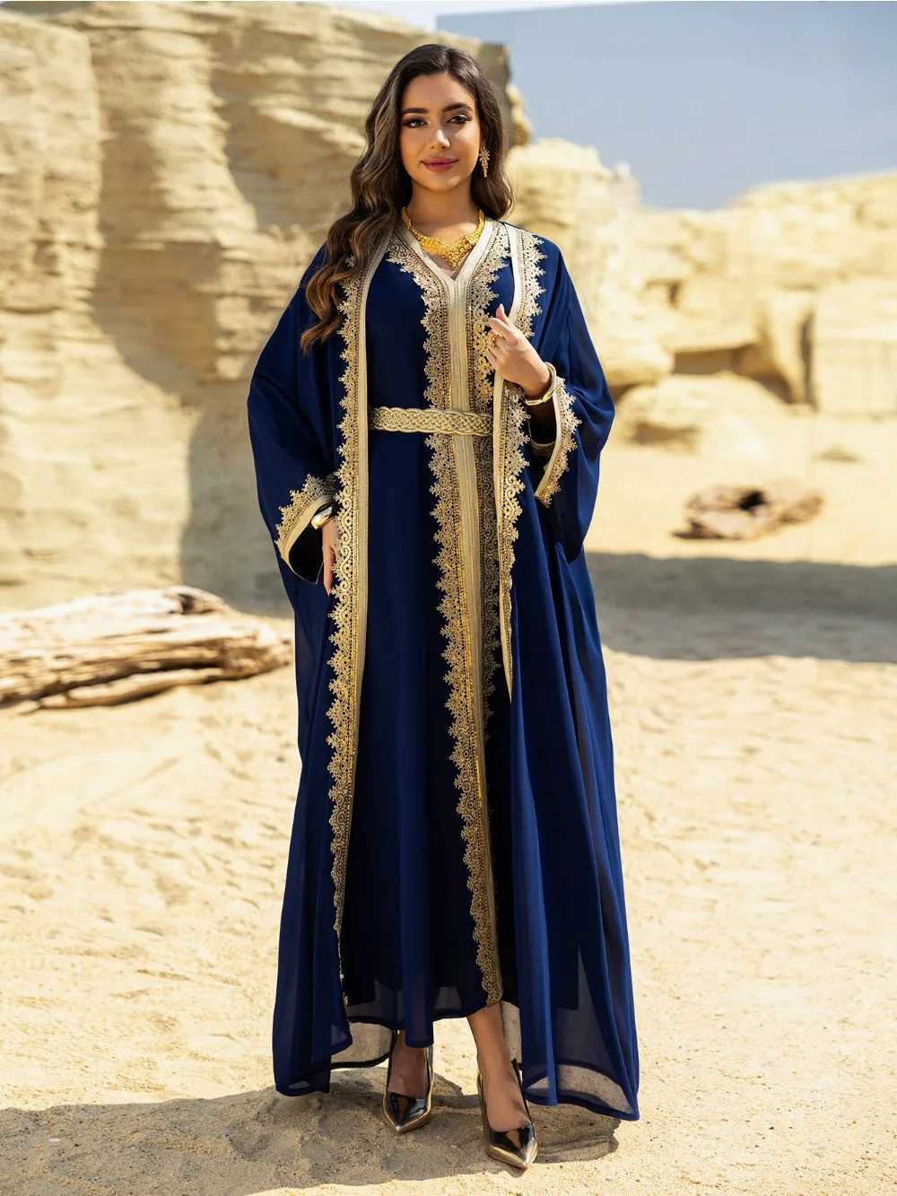 Eid Women Abaya Dress Muslim 2 Piece Set Cardigan with Inner Dress Lace-up Robe Caftan Robe Jalabiya Ramadan Morocco Kaftan 2025 X2505141