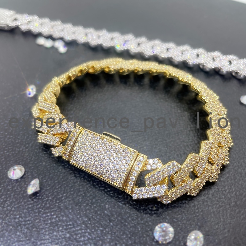 Hip Hop Jewelry 13MM Width 925 Silver 14K Gold Plated Miami Cuban Link Chain Moissanite Diamond Cuban Link Chain Bracelet