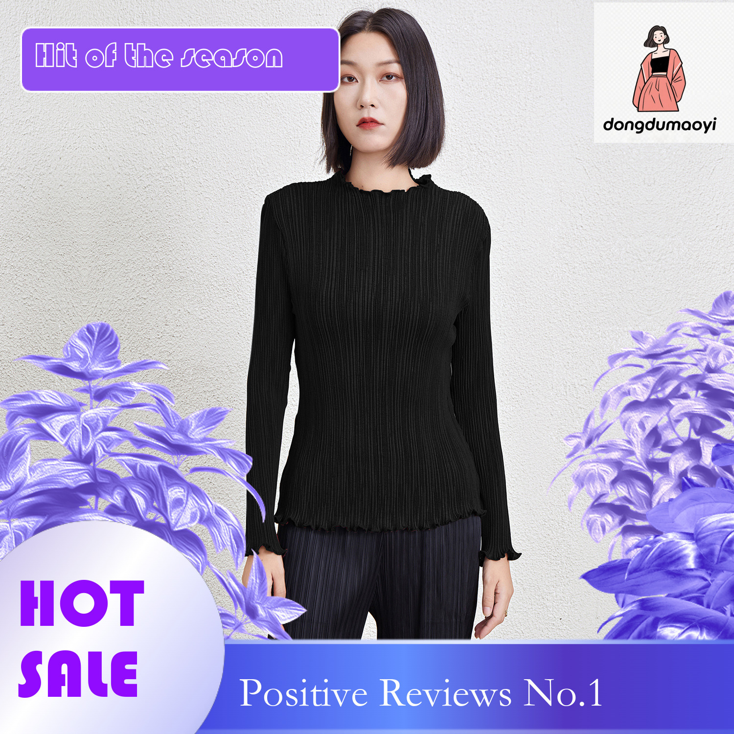 dongdumaoyi Miyake semi high neck long sleeved T-shirt for women in winter 2024, new women's pleated lace collar base shirt, top trend