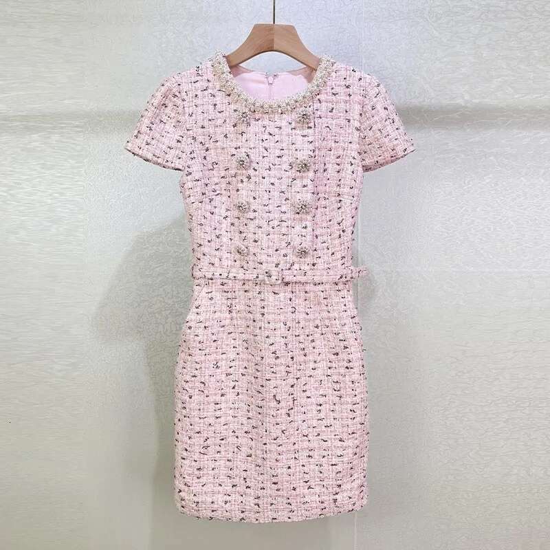 Tweed Dresses Women Summer Holiday Crystal Double Breasted Bodycon Pearl Chain Short Sleeve Evening Party Dress