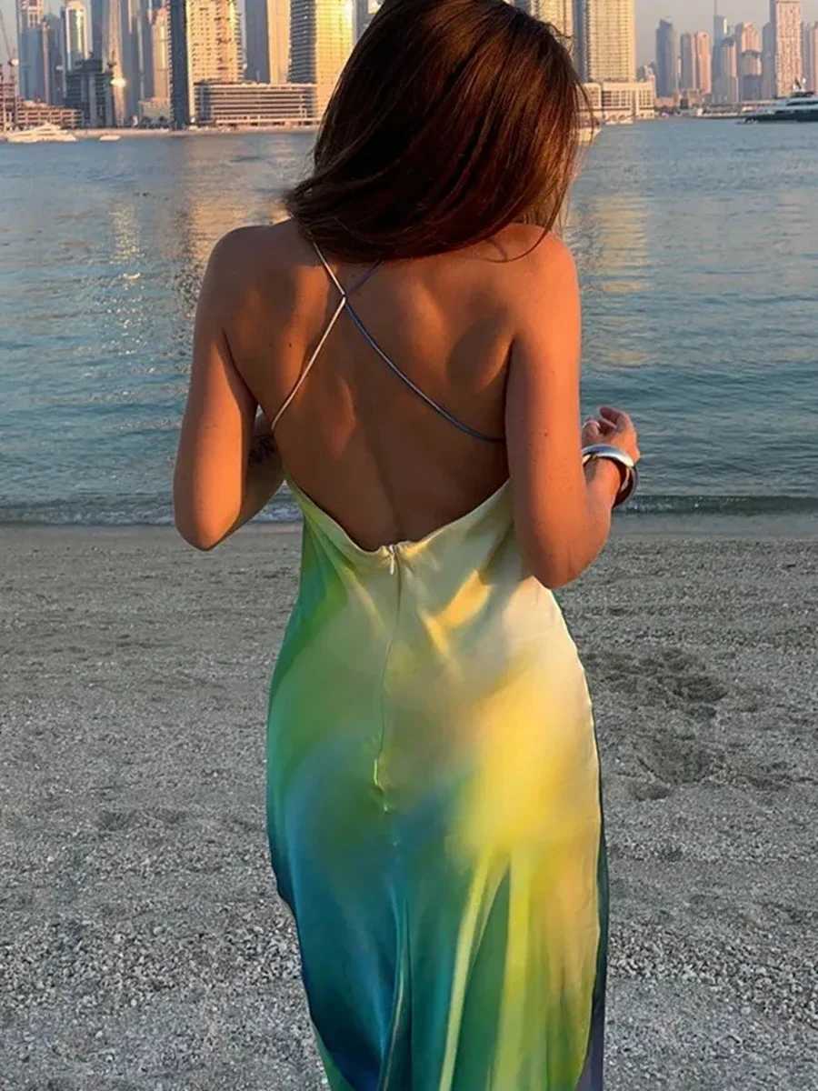 Combhasaki Womens Summer Boho Cami Long Dress Gradient Color Spaghetti Strap V-Neck Backless Beachwear Party Maxi SundressXJ250514