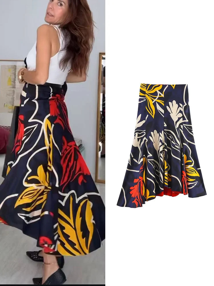 TFMLN Womens Asymmetric n Long Skirts Fashion Floral Print A Line Skirt Spring Summer Elegant Chic 250514