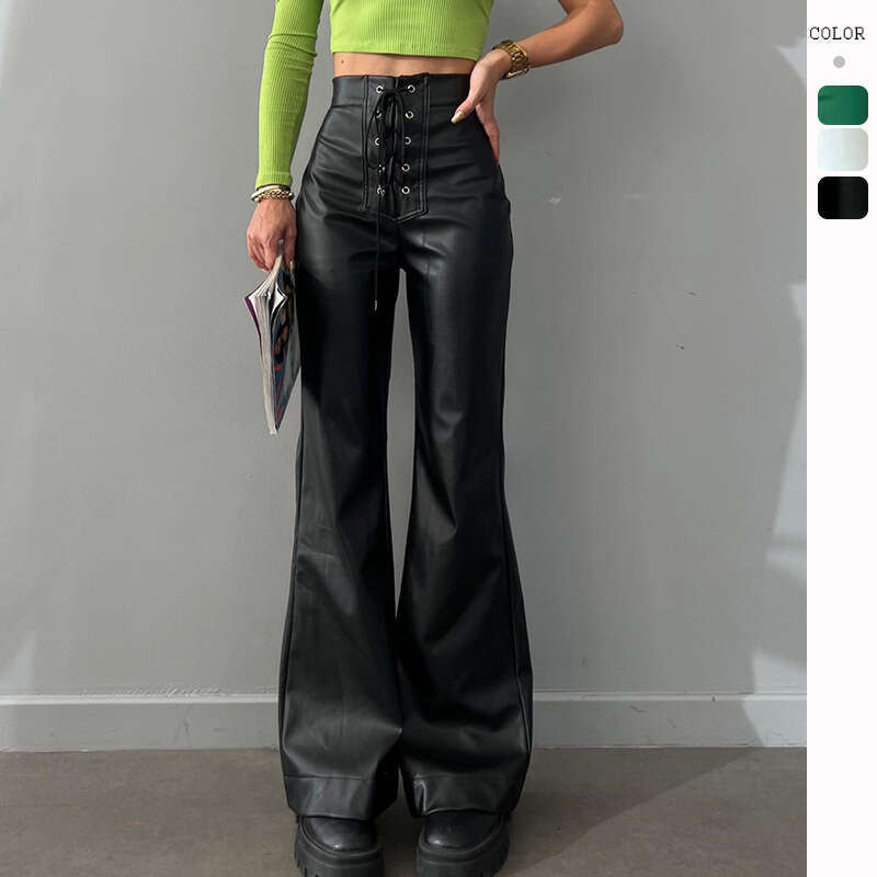 Women Pants 2025 Autumn Winter Fashionable and Sexy High Waisted Flared Leather Pants Womens Pants Hot Style Solid Color Printing All-match Model