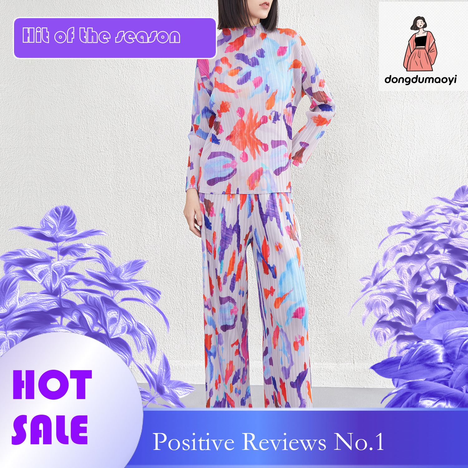 dongdumaoyi San Zhai Graffiti Half High Collar T-shirt Bottom Shirt Spring and Autumn New Product Casual Fashion Western Versatile Top Pants Set