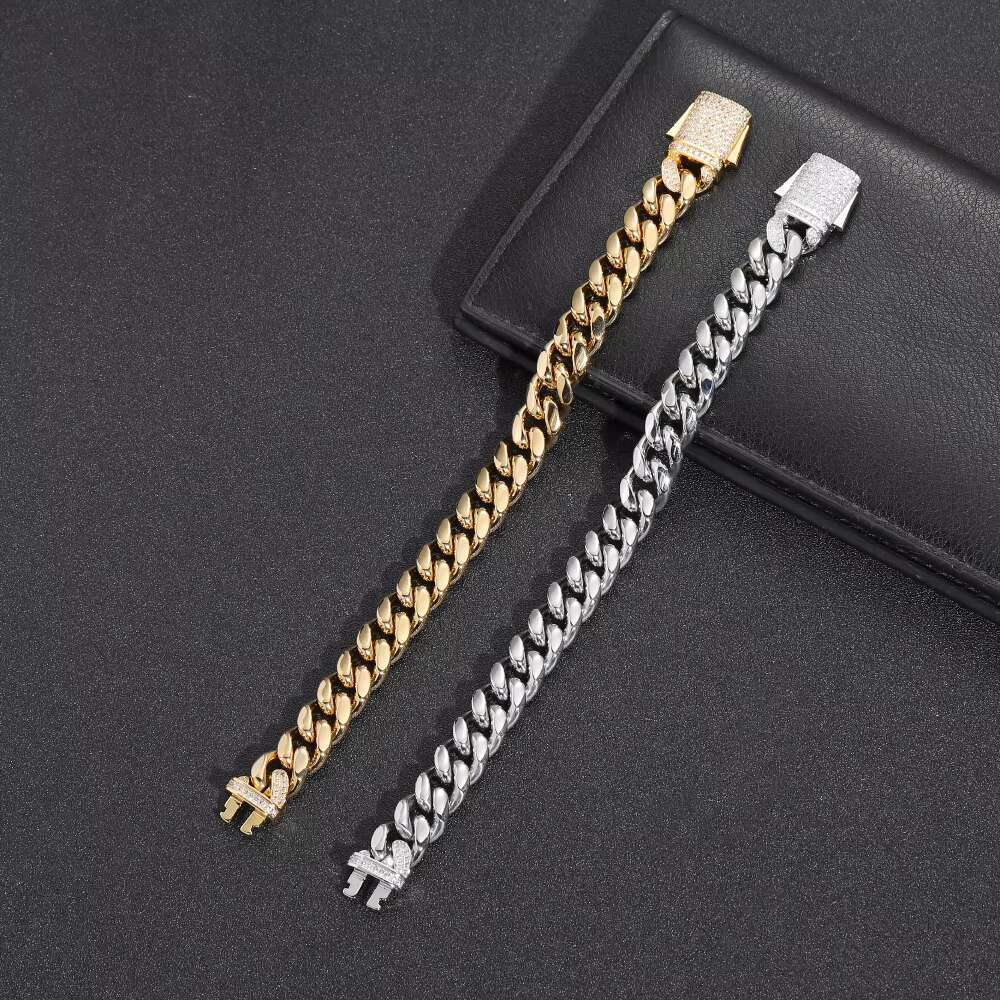 DHCollections 12mm Hip Hope Jewelry Brass Inlaid Ice Out Zircon Cuban Chain Bracelet