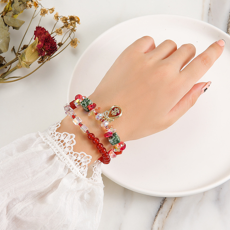 Korean style personalized fashion bead double circle big red auspicious bracelet, wedding gift for girlfriends, bracelet accessories
