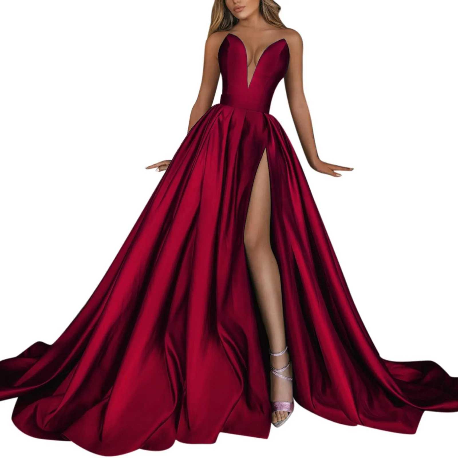 Satin Slip Strapless Prom Dresses Evening Gown Slim Elastic Waist Party Dress Elegant High Split Pleated Long Dresses VestidosXJ250514