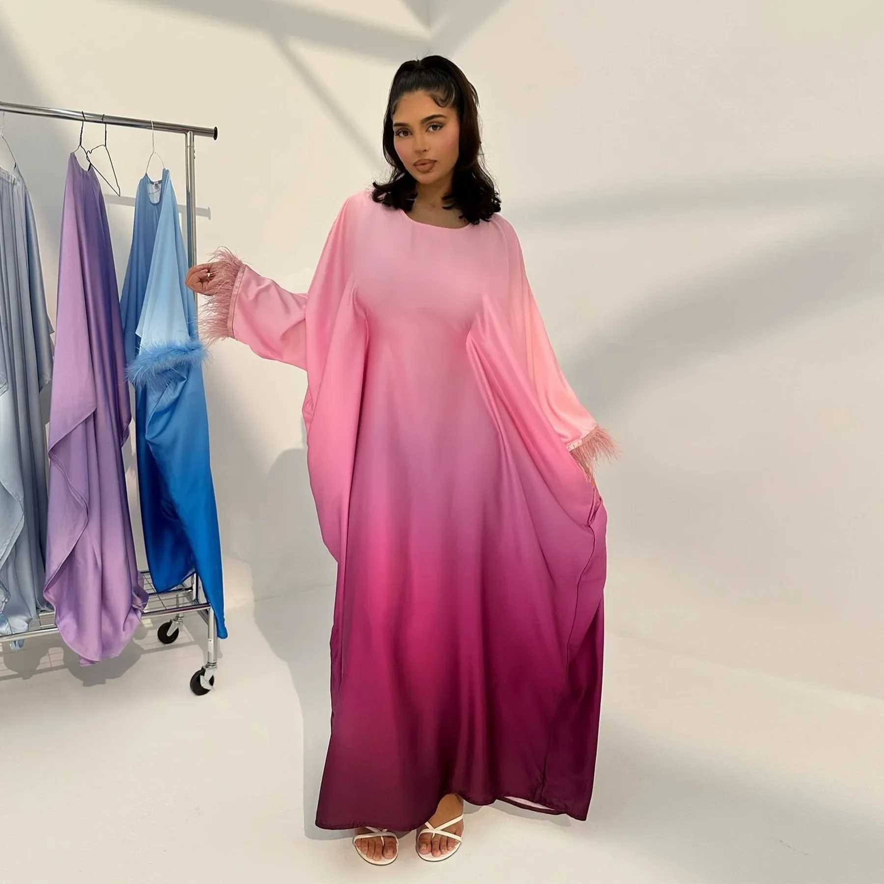 Ramadan Feather Abayas for Women Satin Modest Muslim Dress Eid Djellaba Islam Jalabiya Ka Caftan Marocain Femme Dubai Abaya X250514